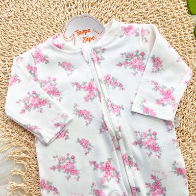 Macacão de Malha com Abertura em Zíper Flores Rosas - Off White